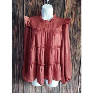 Mittoshop Metallic shinny pink ruffle longsleeve blouse - medium